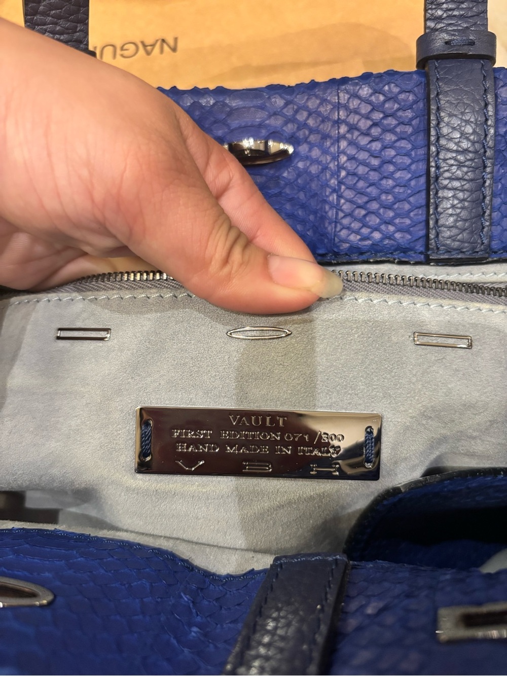 Designer snakeskin Blue Satchel Handbag - Picture 6 of 6